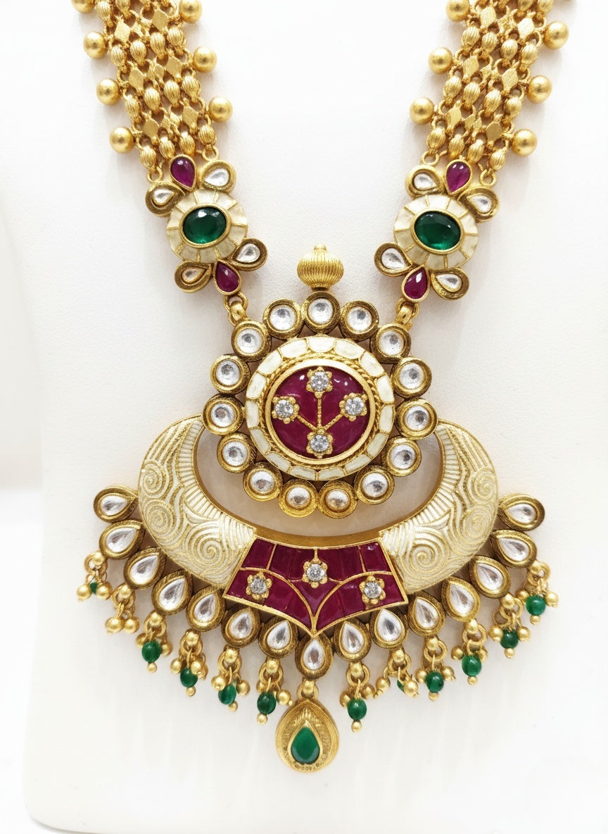 Heritage Kundan Temple Necklace with Ruby, Emerald & Pearl Detailing