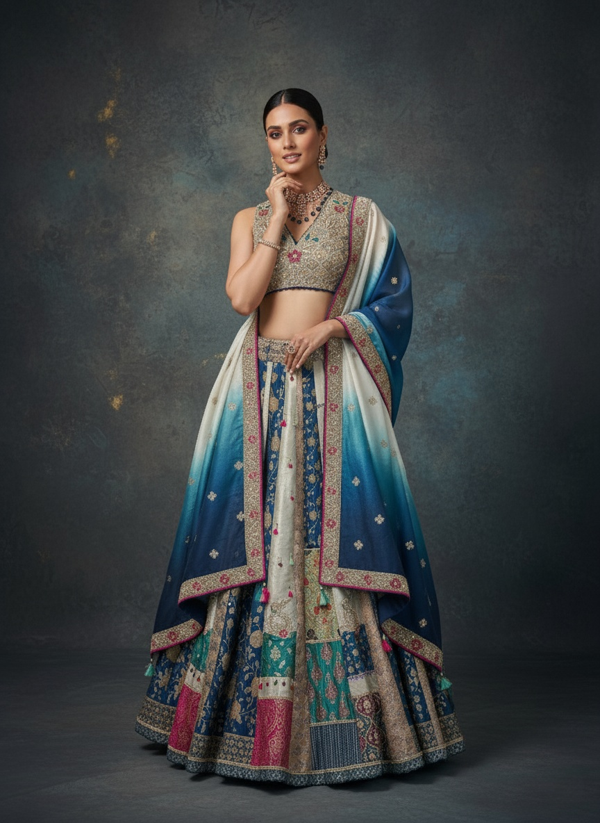 Ocean Ombre Patchwork Silk Lehenga with Embroidered Blouse & Dual-Tone Dupatta
