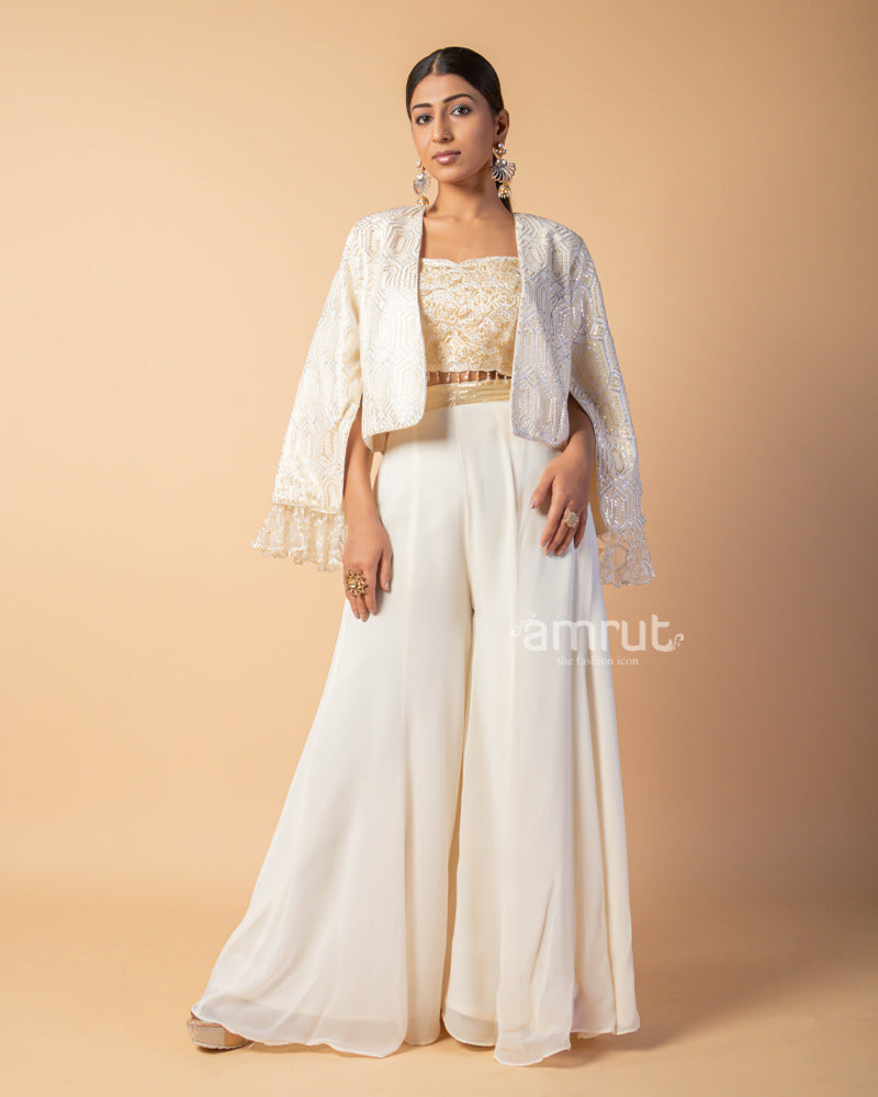 Ivory Embroidered Crop Top Palazzo Set With Shrug AMRUT