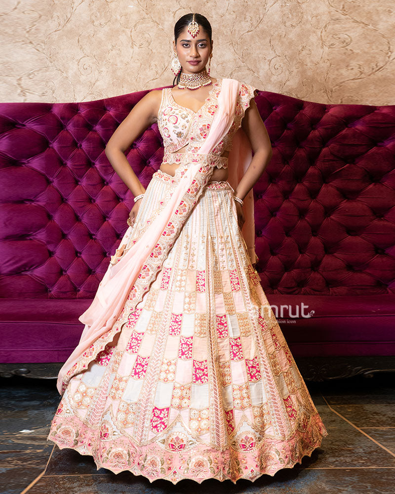 Ivory and Blush Pink Embroidered Patchwork Lehenga Set 01