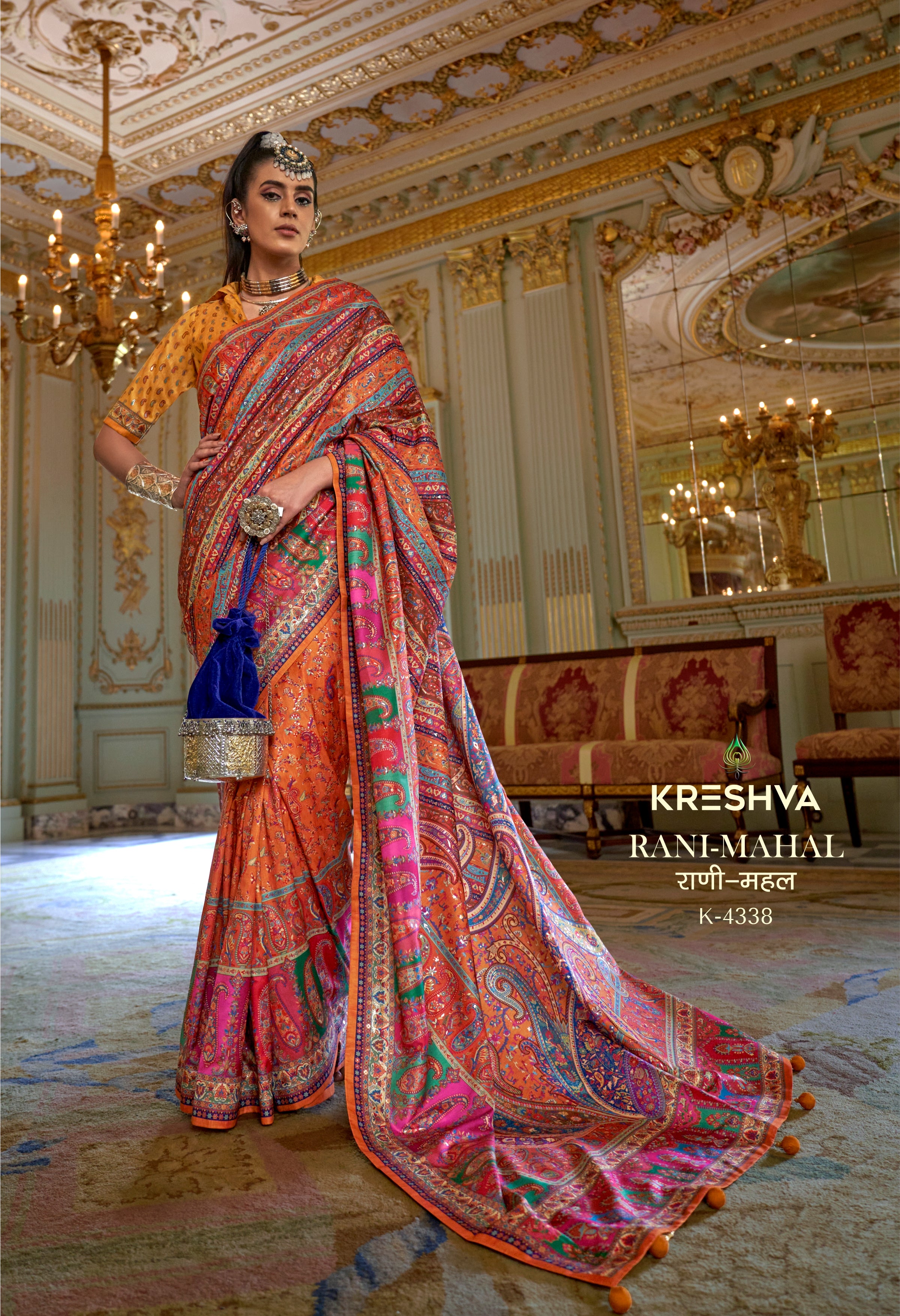 Orange Multicolor Pashmina Inspired Heritage Print Designer Saree