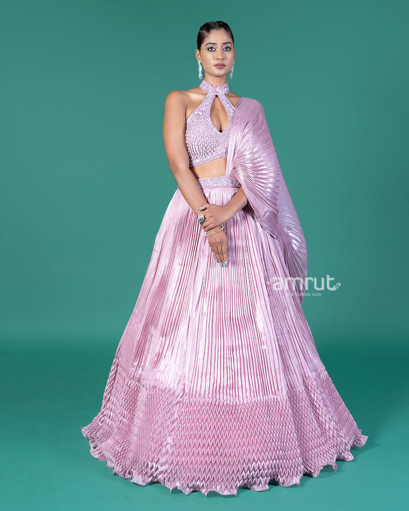 Lavender Pleated Lehenga Embellished Choli and Draped Dupatta 01