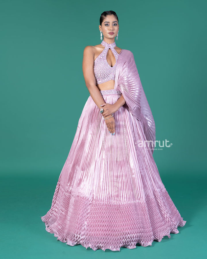 Lavender Pleated Lehenga Embellished Choli and Draped Dupatta 01