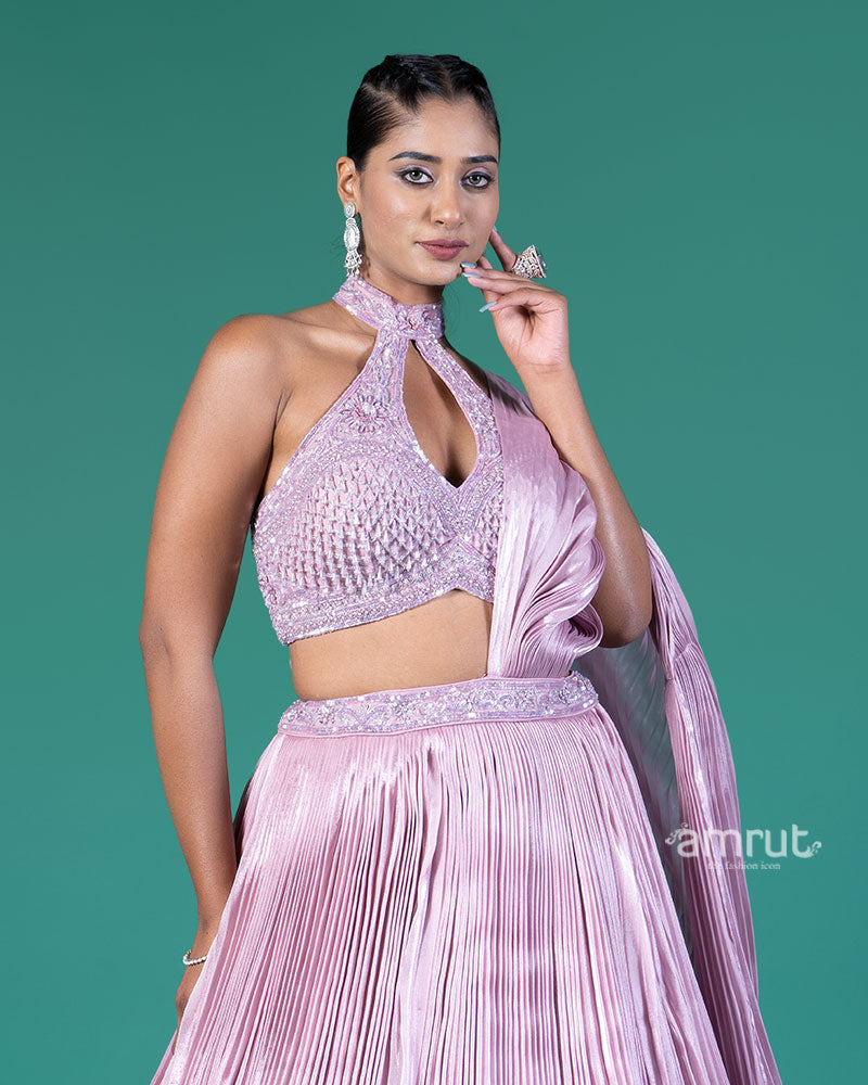 Lavender Pleated Lehenga Embellished Choli and Draped Dupatta 02