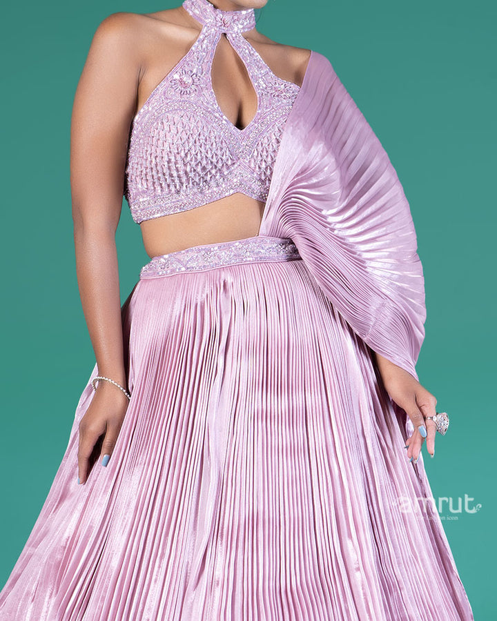 Lavender Pleated Lehenga Embellished Choli and Draped Dupatta 03
