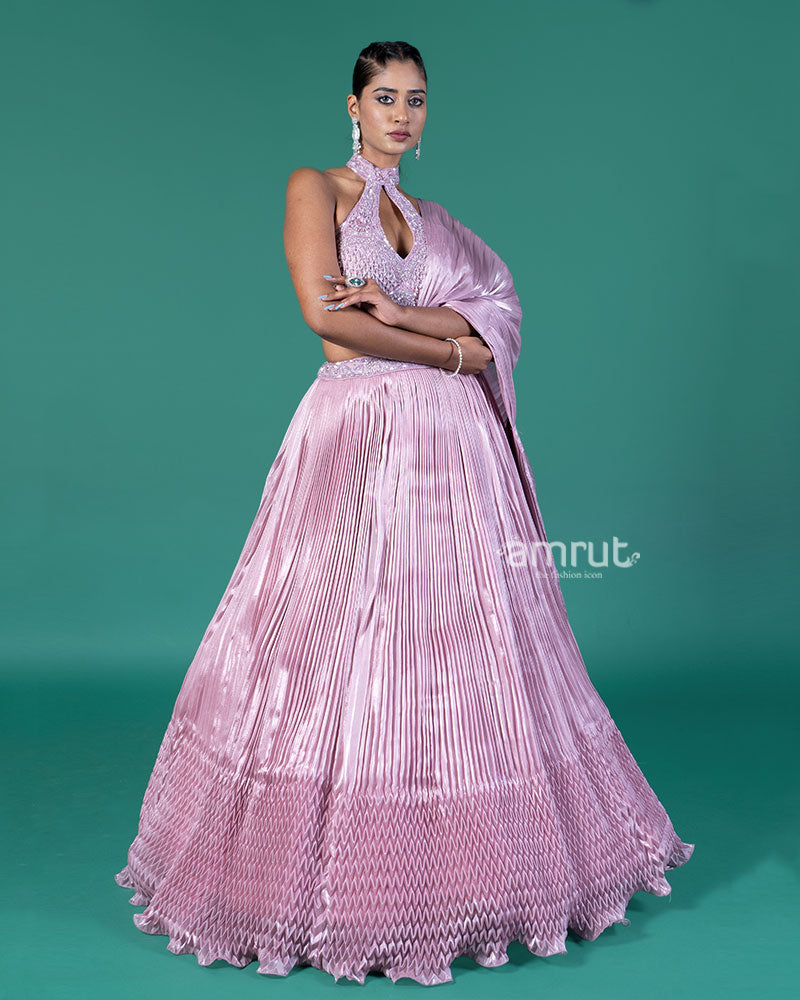 Lavender Pleated Lehenga Embellished Choli and Draped Dupatta 04