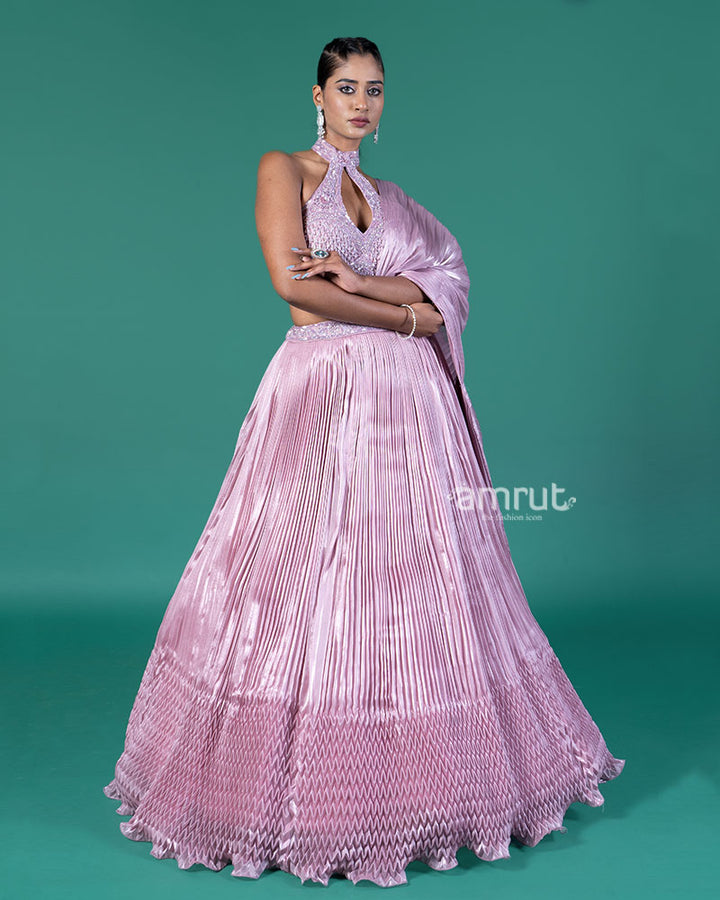 Lavender Pleated Lehenga Embellished Choli and Draped Dupatta 04