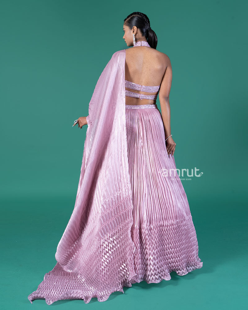 Lavender Pleated Lehenga Embellished Choli and Draped Dupatta 05
