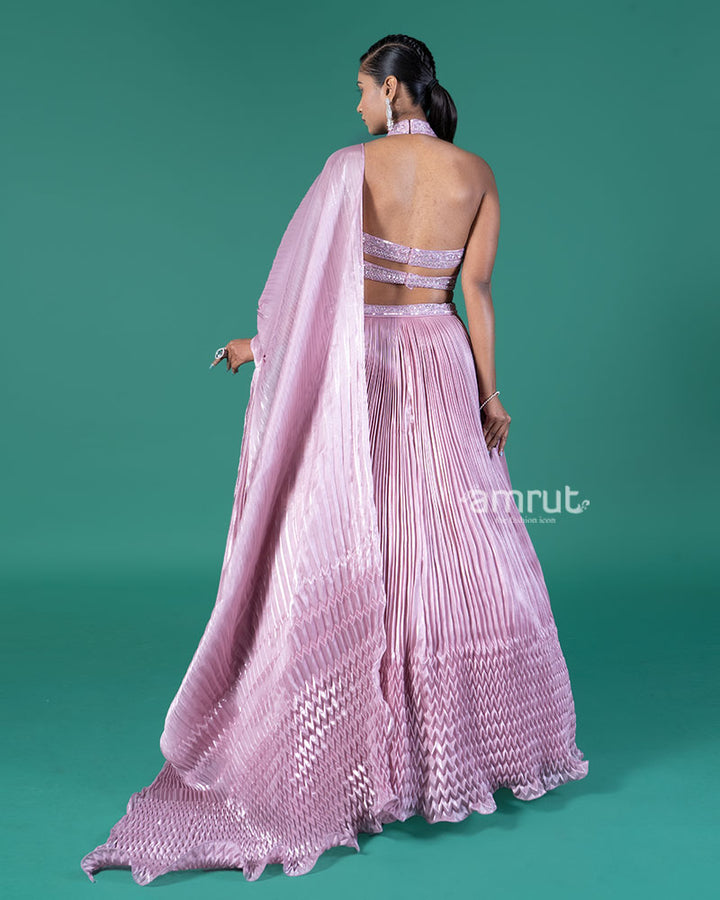 Lavender Pleated Lehenga Embellished Choli and Draped Dupatta 05