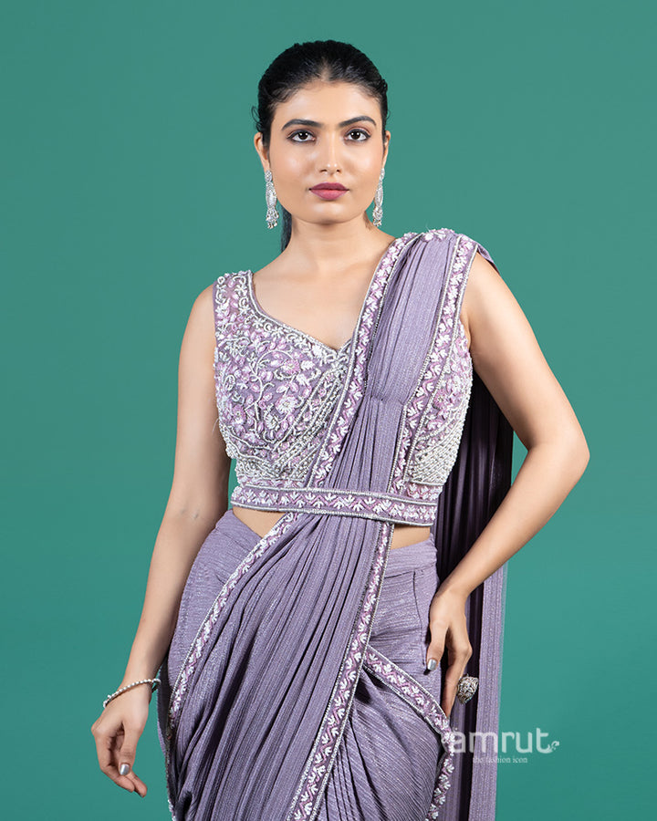 Lavender Pleated Lycra Ready to Wear Saree with Embroidered Blouse 02