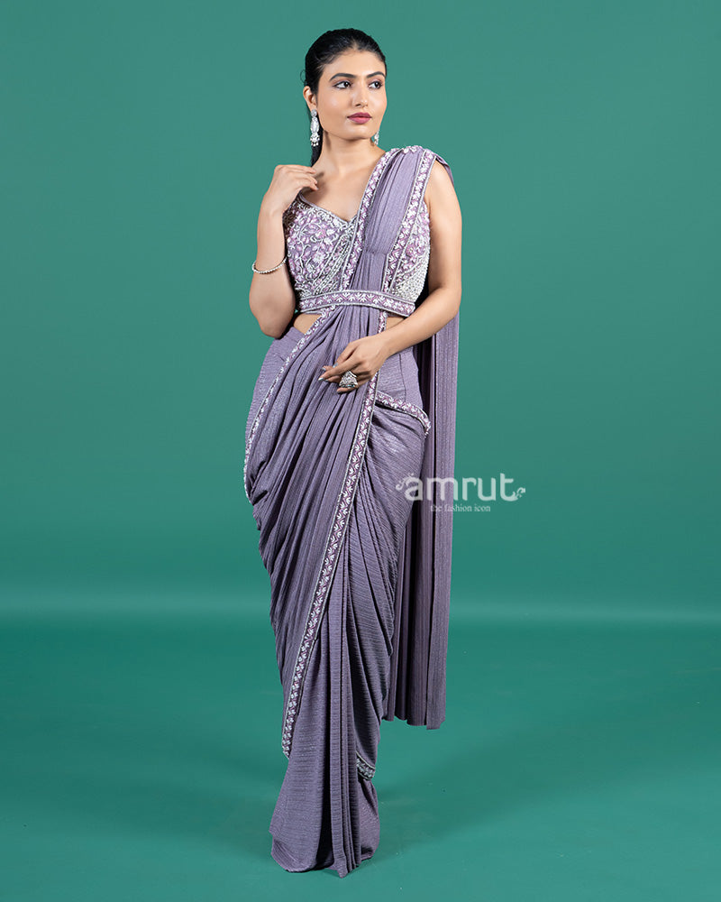 Lavender Pleated Lycra Ready to Wear Saree with Embroidered Blouse 04