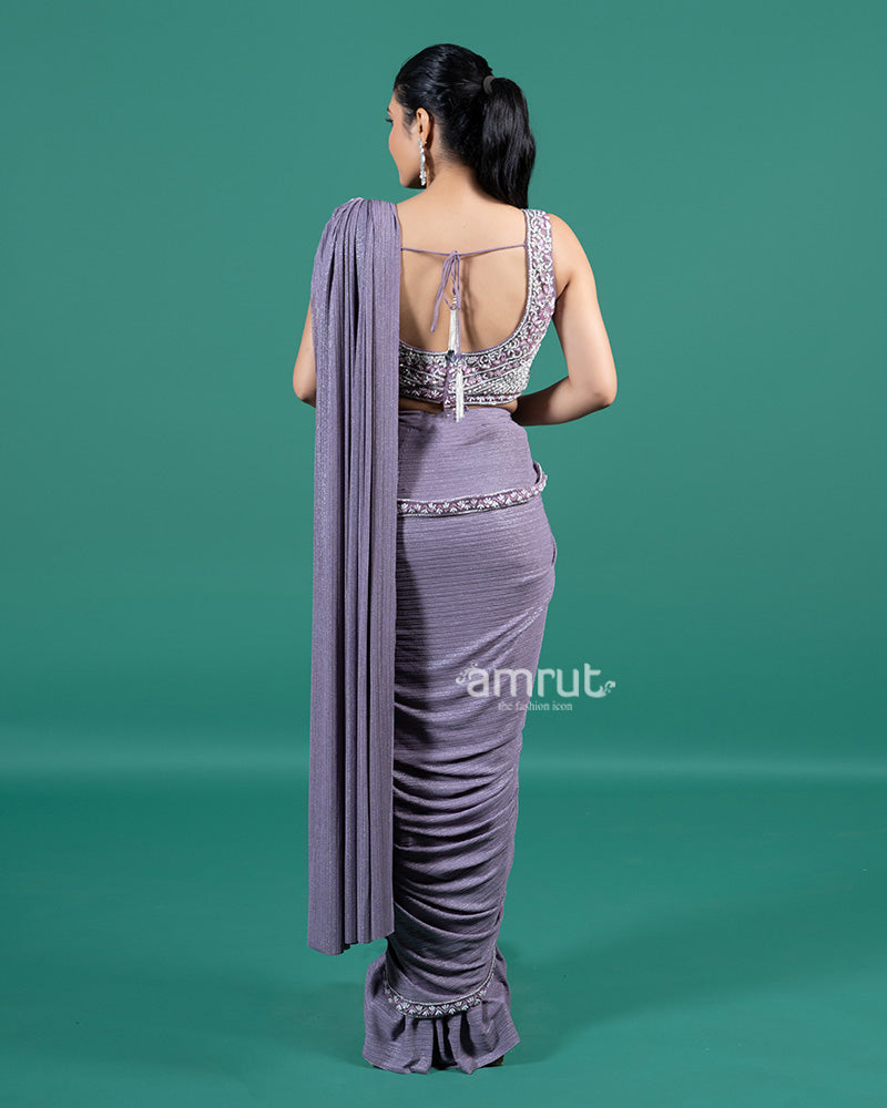 Lavender Pleated Lycra Ready to Wear Saree with Embroidered Blouse 05