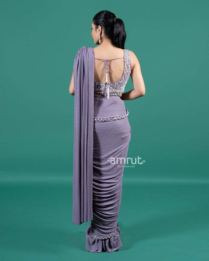 Lavender Pleated Lycra Ready to Wear Saree with Embroidered Blouse 05