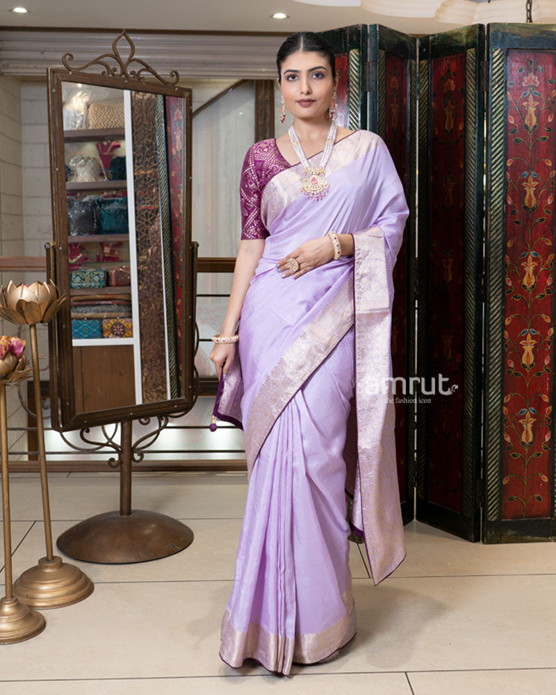 Lavender Zari Woven Silk Saree with Embroidered Wine Blouse 01