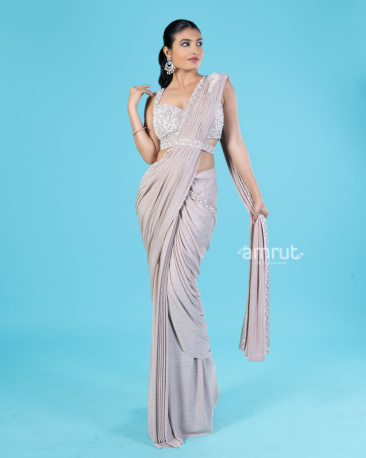 Light Beige Brown Ready-to-Wear Saree with Embellished Blouse and Belt 04