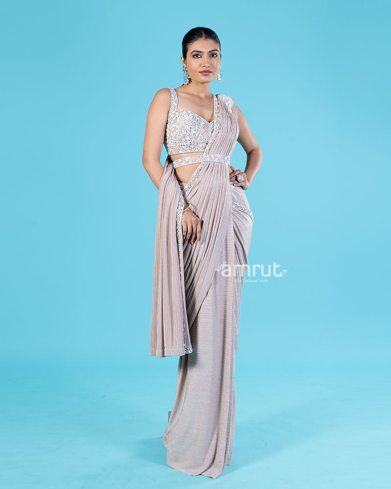 Light Beige Brown Ready-to-Wear Saree with Embellished Blouse and Belt 05
