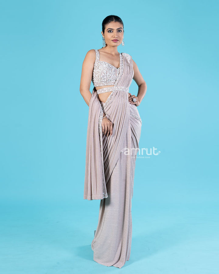 Light Beige Brown Ready-to-Wear Saree with Embellished Blouse and Belt 05