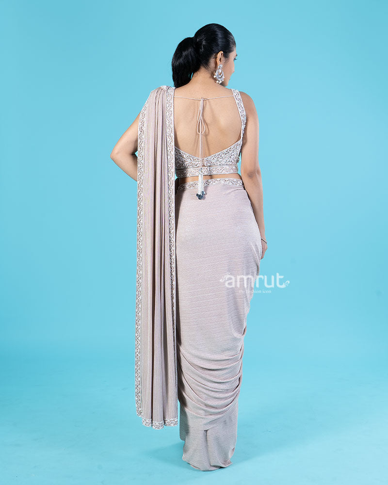 Light Beige Brown Ready-to-Wear Saree with Embellished Blouse and Belt 06