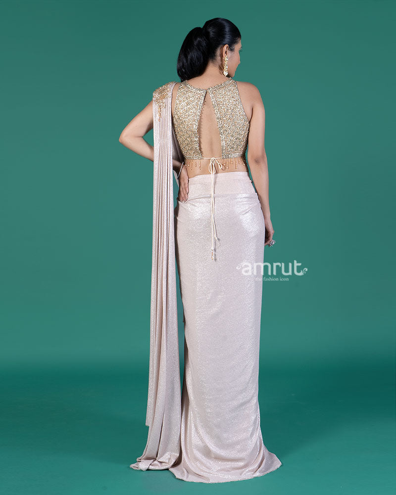 Light Beige Ready-to-Wear Saree with Embellished Blouse 05