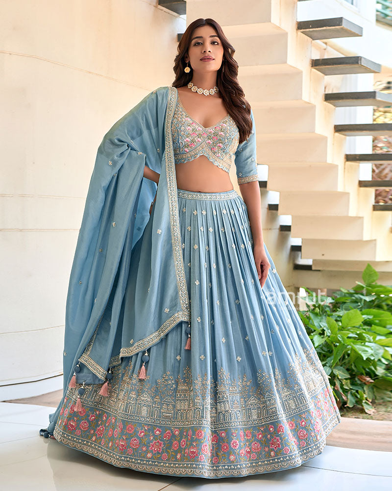 Light Blue Embroidered Lehenga Choli with Dupatta01