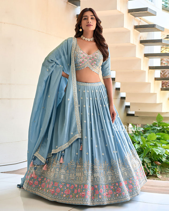 Light Blue Embroidered Lehenga Choli with Dupatta01