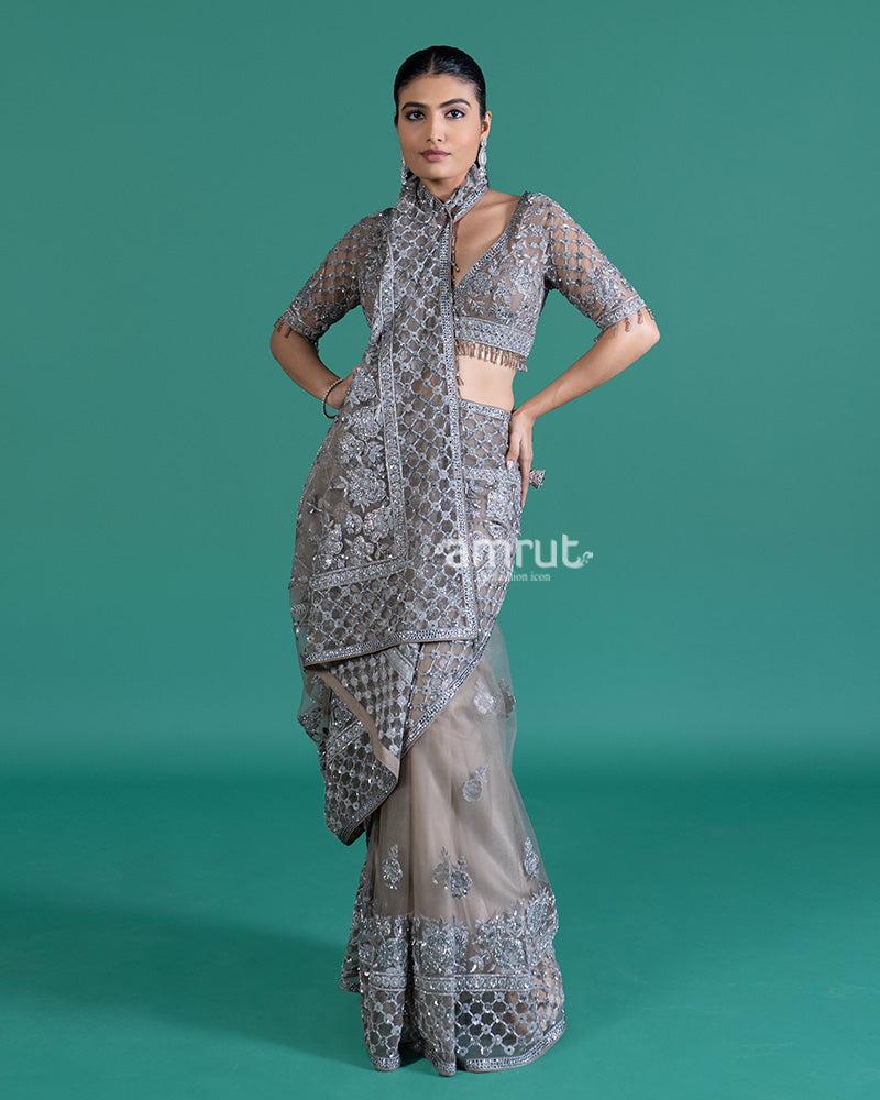 Light Gray Geometric Beaded Embellished Net Saree with Blouse 01