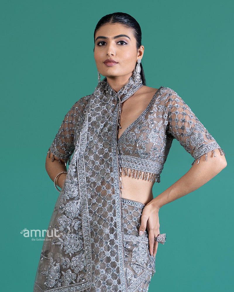 Light Gray Geometric Beaded Embellished Net Saree with Blouse 02