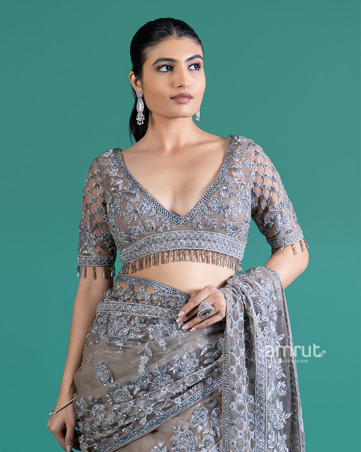Light Gray Geometric Beaded Embellished Net Saree with Blouse 04