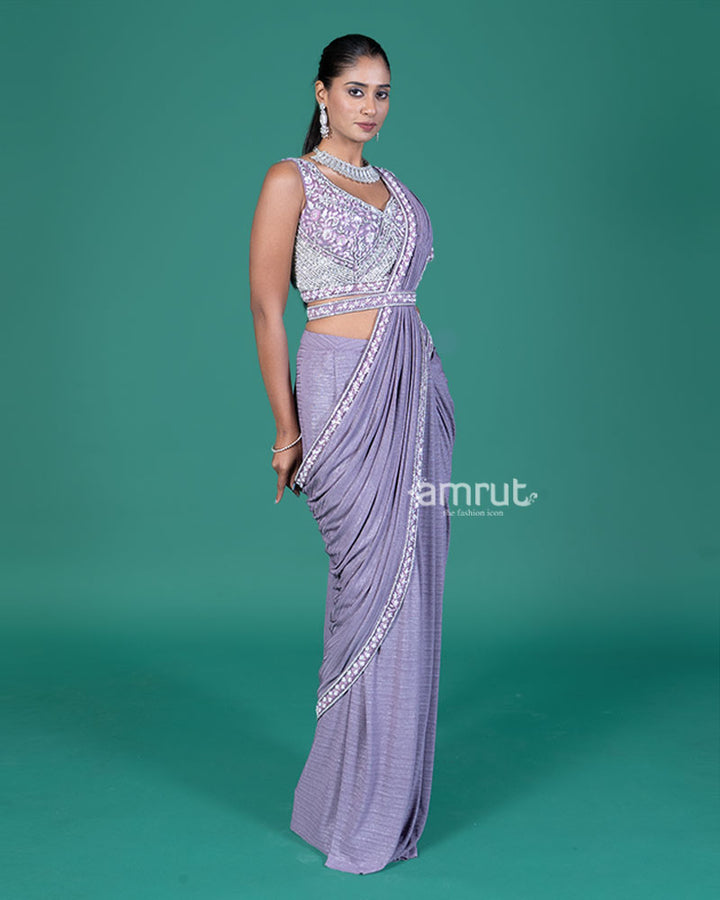 Light Lavender Ready-to-Wear Saree with Embellished V-Neck Blouse 04