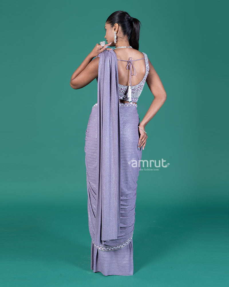 Light Lavender Ready-to-Wear Saree with Embellished V-Neck Blouse 05