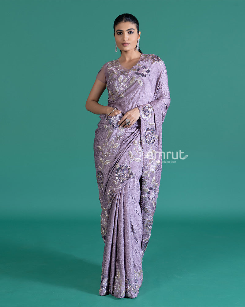 Light Purple Crepe Saree with Stitched Blouse 01