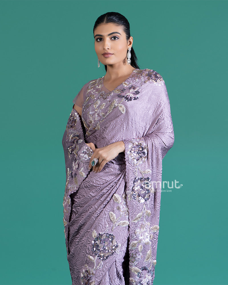 Light Purple Crepe Saree with Stitched Blouse 02