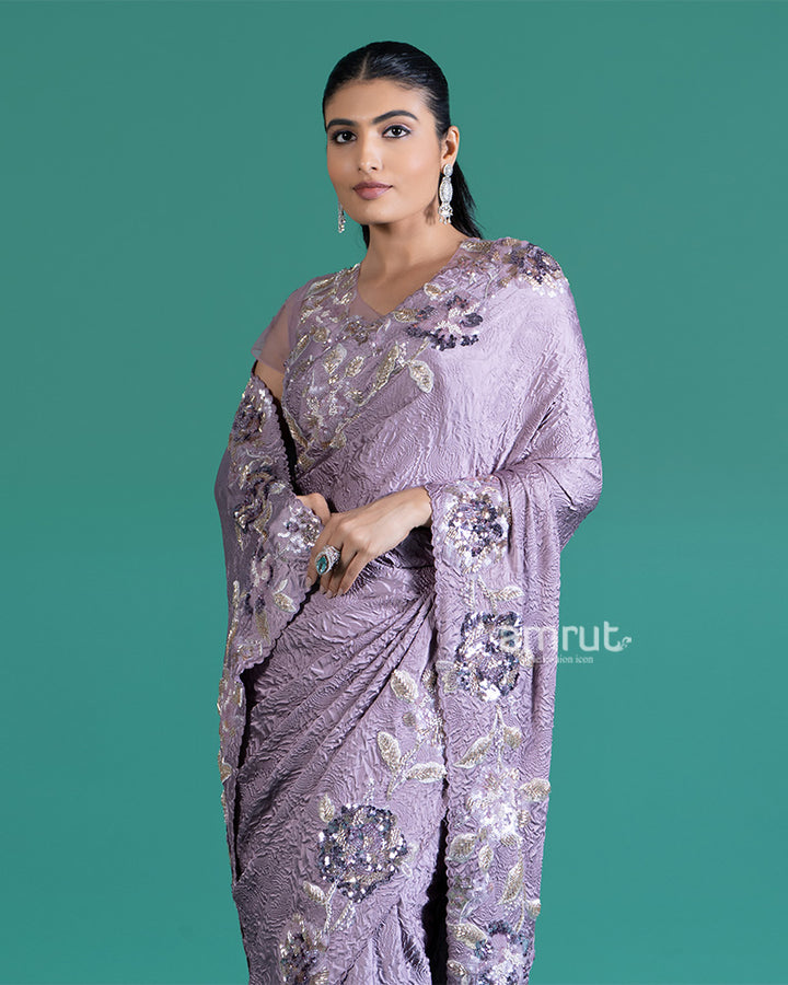Light Purple Crepe Saree with Stitched Blouse 02