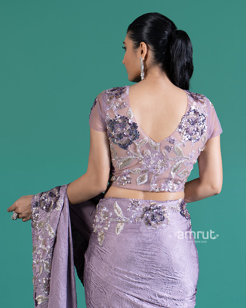 Light Purple Crepe Saree with Stitched Blouse 04