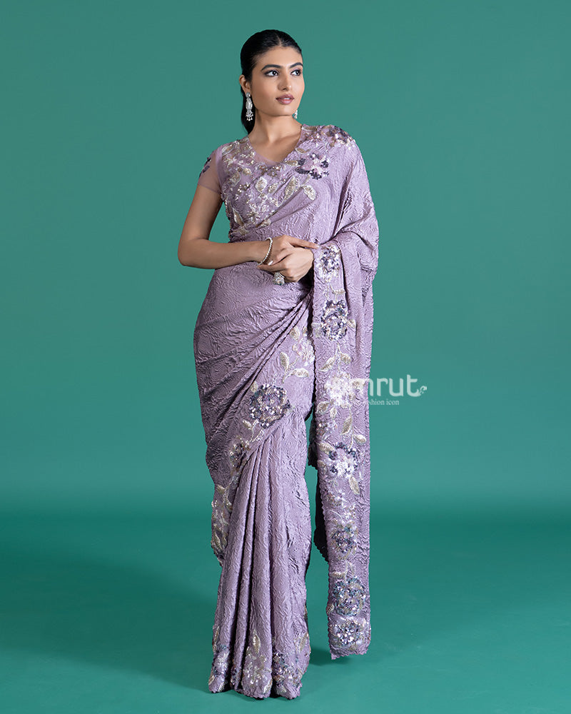 Light Purple Crepe Saree with Stitched Blouse 05