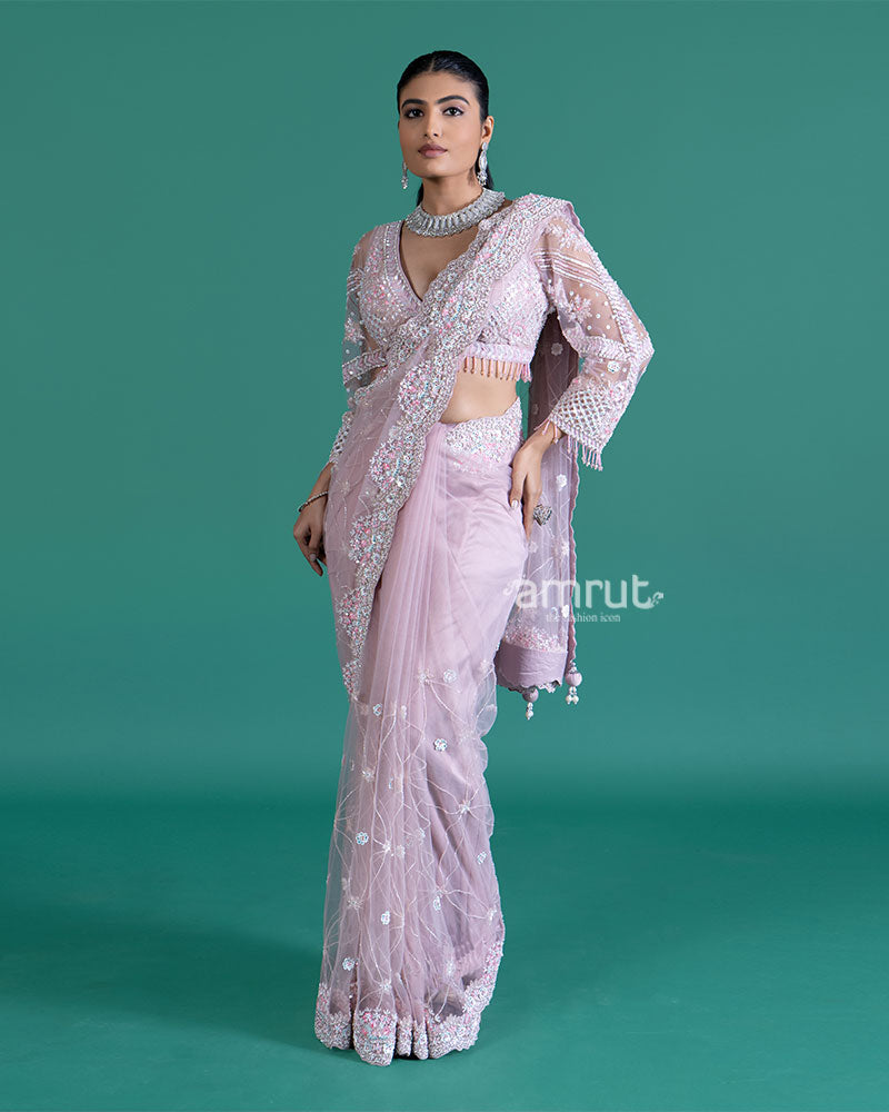 Light Purple Embellished Net Saree with Heavily Embroidered Blouse01