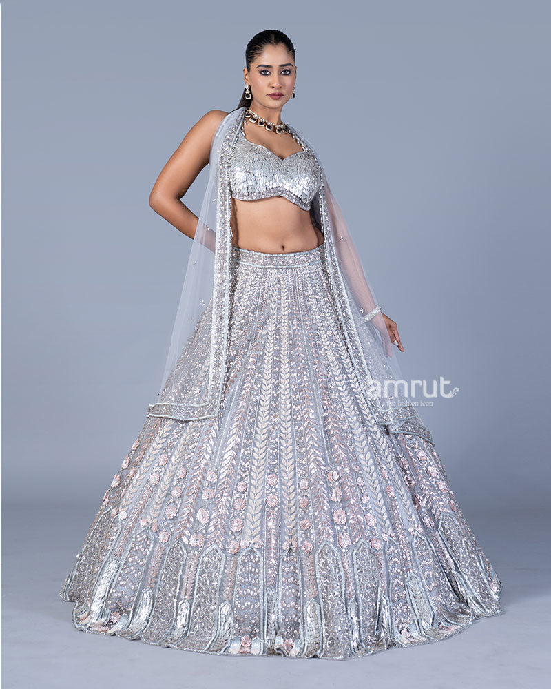 Light Silver Sequin Embellished Lehenga Choli  01