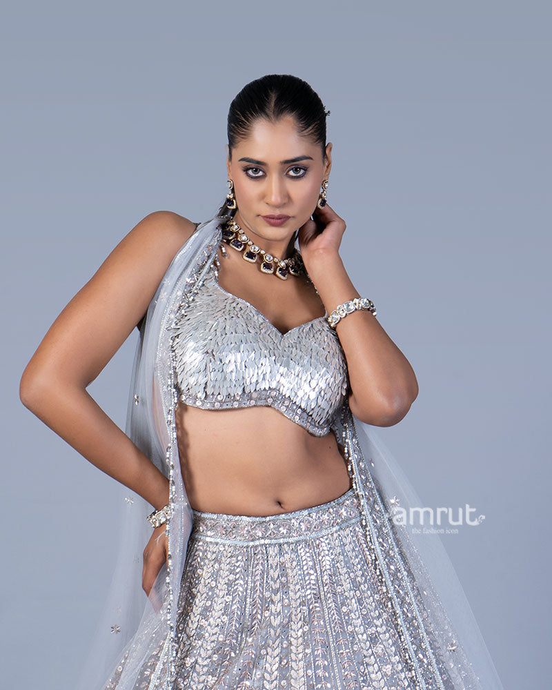 Light Silver Sequin Embellished Lehenga Choli  03