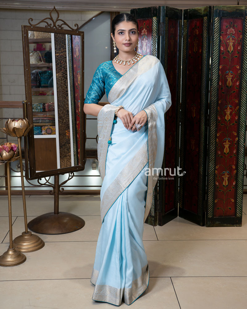 Light Sky-Blue Zari Woven Silk Saree with Embroidered Wine Blouse 01