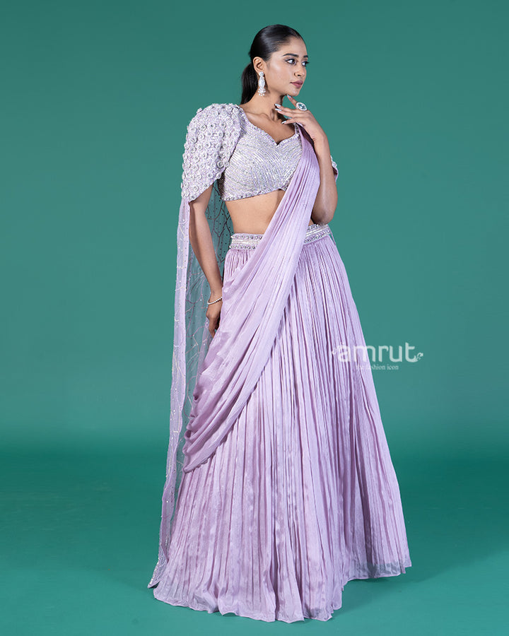 Lilac Pleated Lehenga Embellished Choli with Cape Overlay 04