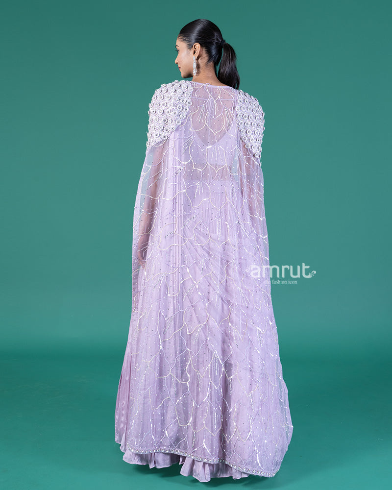 Lilac Pleated Lehenga Embellished Choli with Cape Overlay 05