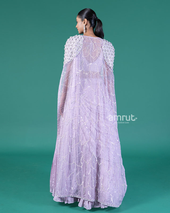 Lilac Pleated Lehenga Embellished Choli with Cape Overlay 05
