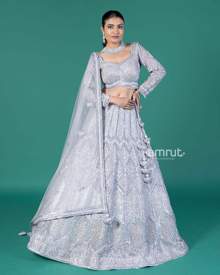 Lilac Silver Lehenga and Embroidered Choli with Matching Dupatta 01