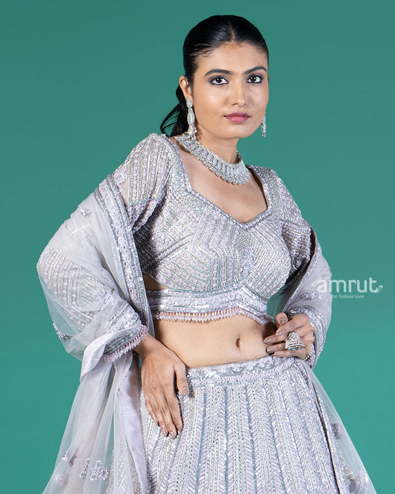 Lilac Silver Lehenga and Embroidered Choli with Matching Dupatta 02