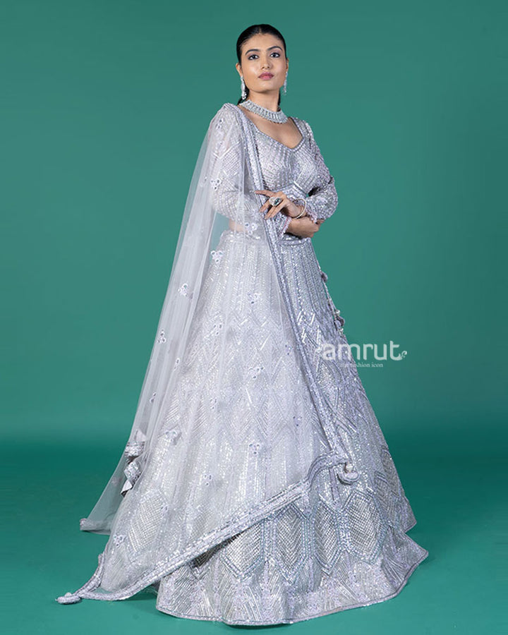 Lilac Silver Lehenga and Embroidered Choli with Matching Dupatta 04