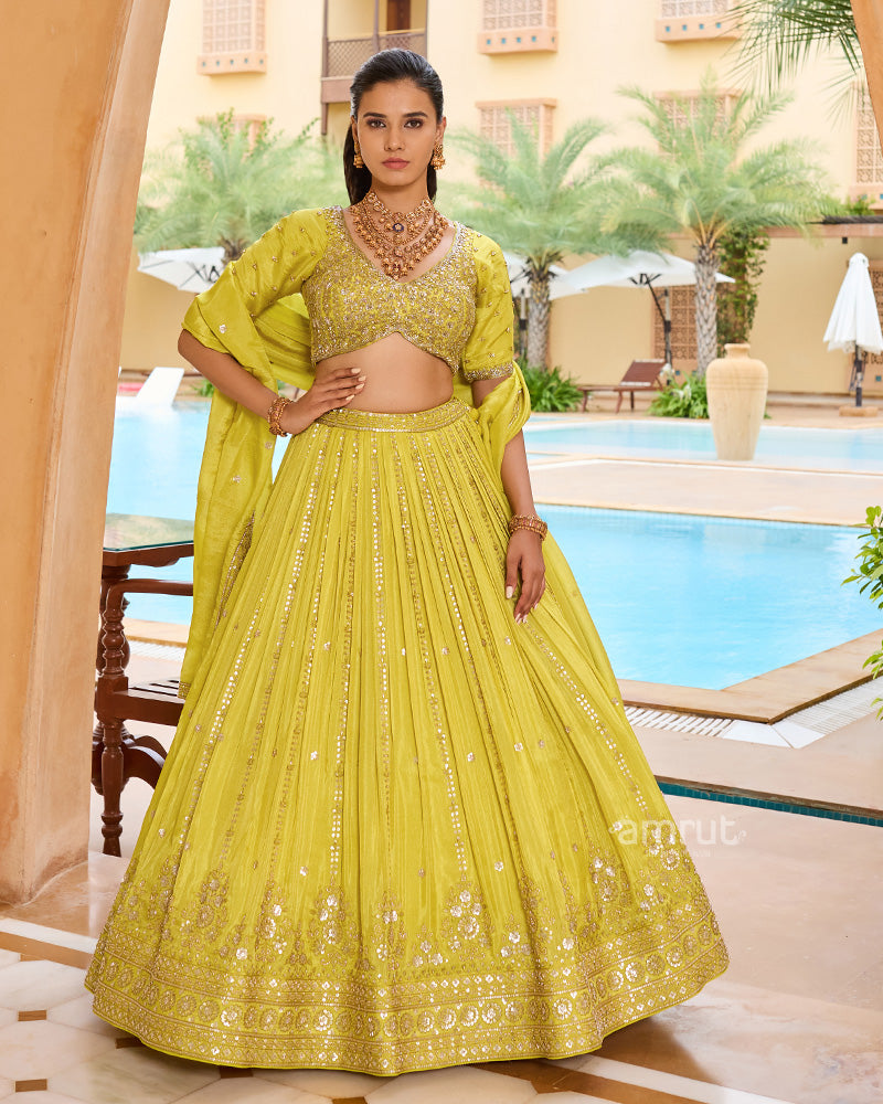 Yellow chiffon lehenga and crop top set, festive skirt and online blouse set