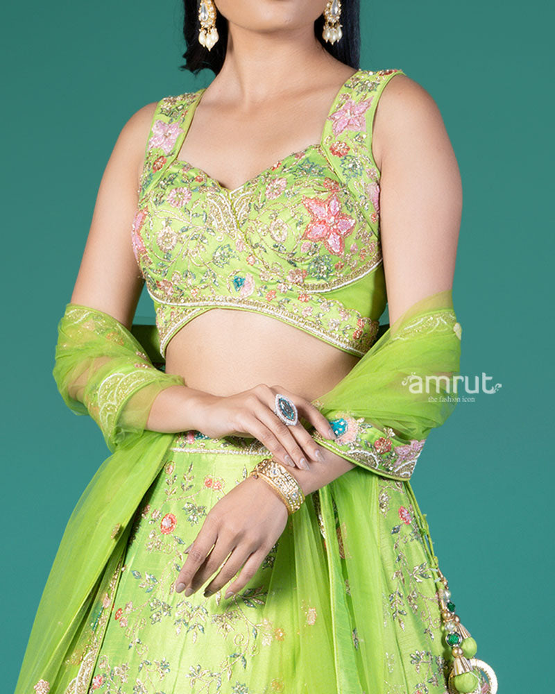 Lime Green Embellished Lehenga Choli with Net Dupatta 03