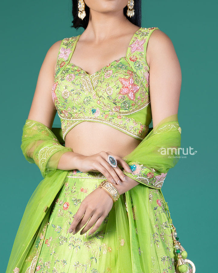 Lime Green Embellished Lehenga Choli with Net Dupatta 03