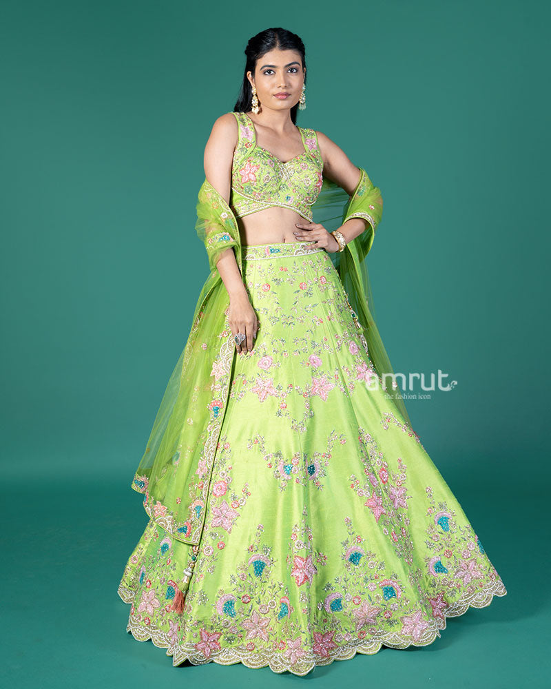 Lime Green Embellished Lehenga Choli with Net Dupatta 04