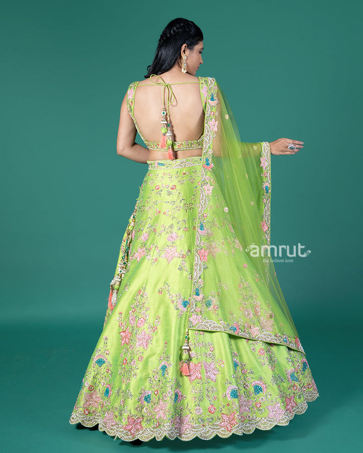 Lime Green Embellished Lehenga Choli with Net Dupatta 05